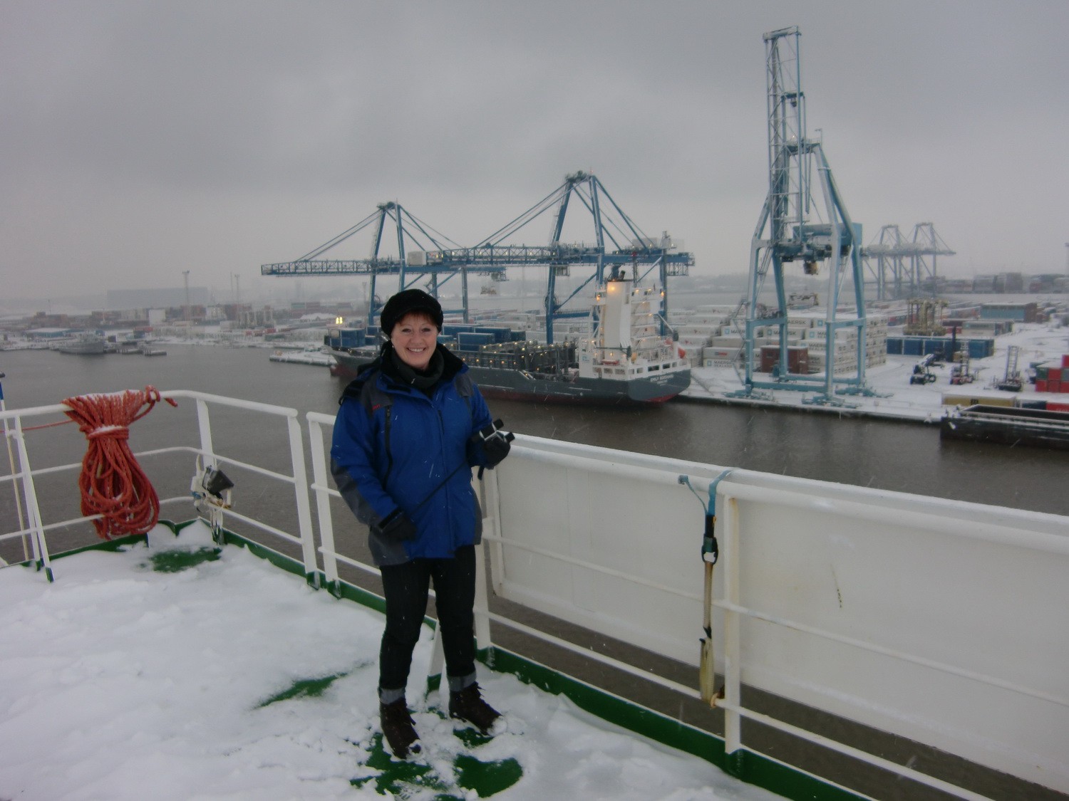 Arrival in Tilbury two days later: Snow in England!
